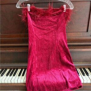 Elegant Red Feather-Trim Mini Dress